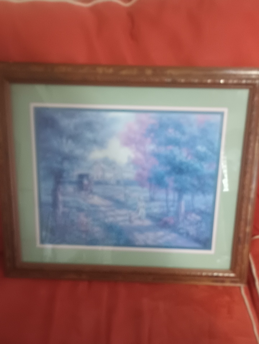 Framed Pastoral Landscape Wall Art - Green Mat, Brown Frame